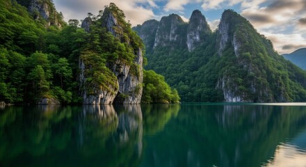 Tranquil landscape photograph of dramatic Karst Limestone Towers reflected in a calm lake at sunrise, showcasing lush green vegetation and a serene atmosphere.