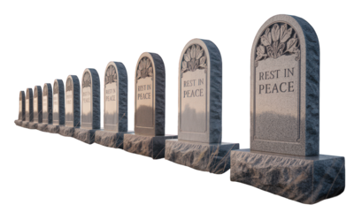 Row of aged grey stone tombstones engraved "Rest in Peace" set against a black background
