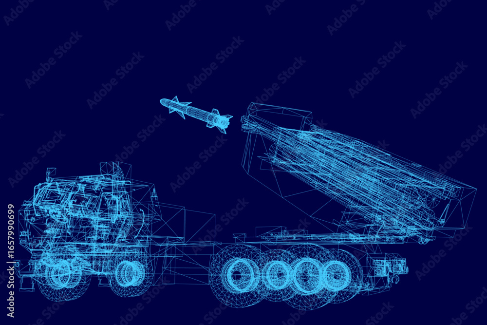 Poster a 3d wireframe missile with detailed components stands out against a blue background. the military l