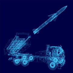 A 3D wireframe missile with a long pointed nose and tail stands out against a blue background. The detailed military launcher design highlights precision engineering.