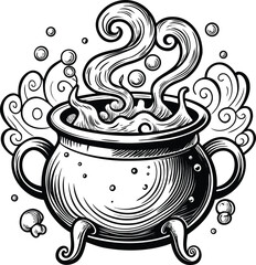Witch Brewing Elements Boiling Cauldron, Witchcraft Brew Illustration