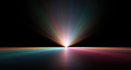 Radiant light bursts from a central point on a colorful plane