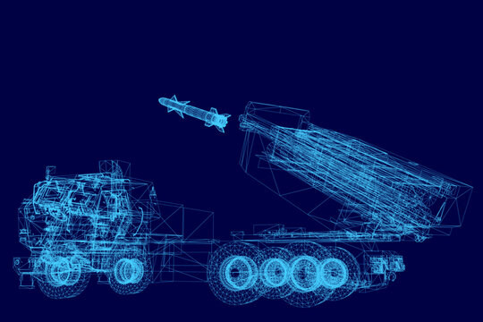 A 3D wireframe missile with detailed components stands out against a blue background. The military launcher features intricate structural elements and precise engineering design.