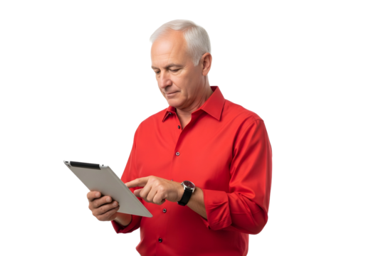 Man with red shirt using a tablet on transparent background