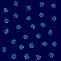 A blue background features a repeating wireframe coronavirus pattern in a seamless wallpaper design. The SARS-CoV-2 model appears in a clean, scientific style with consistent spacing.