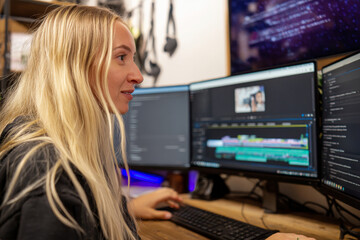 Young adult Caucasian woman editing video testimonials for a case study project, trimming footage and aligning captions with precision