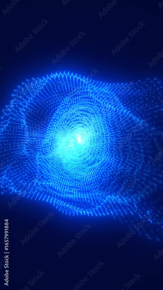 Poster abstract blue digital particle grid forming a luminous wave with a glowing central core