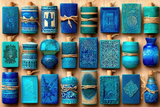 Blue pottery bottles,  various shapes, tied with twine - Powered by Adobe