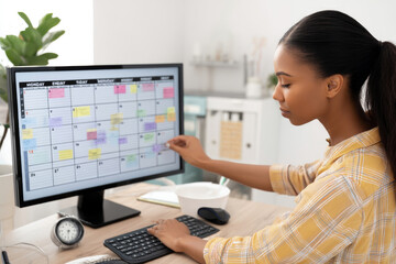 Young adult African-American woman setting up a content calendar for digital campaigns, organizing ideas by month