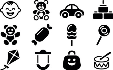 Happy Baby Toys Icons:  Playful Black Glyph Set for Children's Products