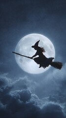 3D witch flying on broom across full moon starry sky cinematic rim light