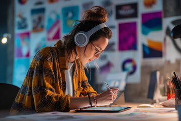 Young adult Hispanic businesswoman sketching logo concepts on a digital tablet, headphones on as she works in a colorful, creative agency environment with mood boards on the walls.