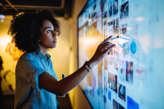 Young adult Black woman assembling a digital mood board for brand refresh ideas, dragging visuals on a touchscreen board
