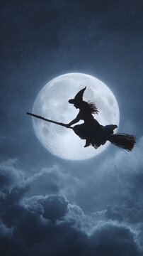 3D witch flying on broom across full moon starry sky cinematic rim light