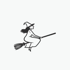 Fototapeta premium Sketch of a Witch Flying on a Broomstick in Profile View