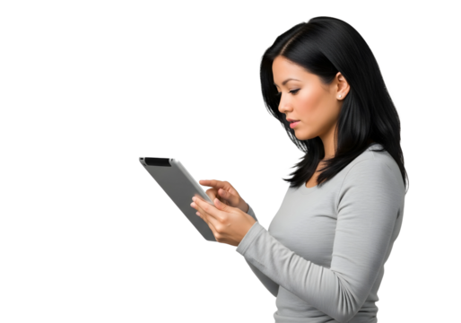 Woman using tablet device on transparent background