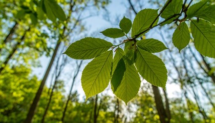 Obraz premium Fresh, vibrant green leaves of a tree branch, bathed in sunlight, fill the foreground, with blurred, verdant forest trees and a clear sky in the background.