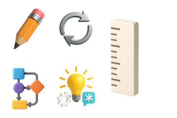 Collection of icons representing planning design process innovation and measurement tools on black background