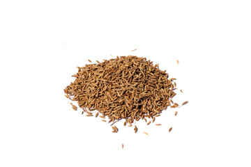 Brown Cumin Seeds Jeera Spice Heap on White Background.