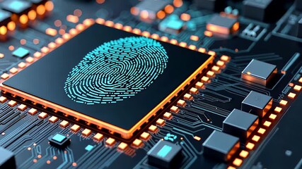 Futuristic digital fingerprint glowing on electronic circuit board with microchips in advanced cybersecurity technology concept - Powered by Adobe