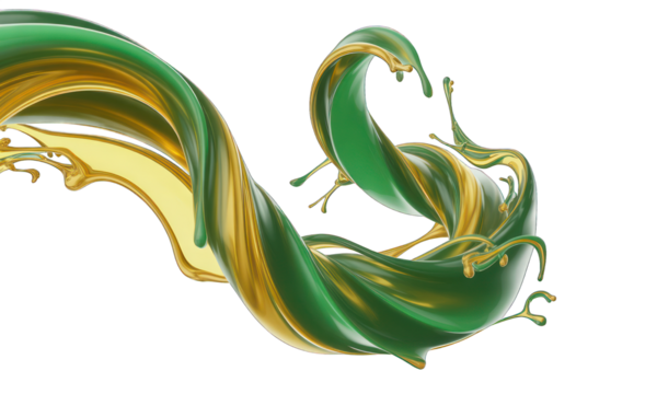 Abstract swirl of flowing gold and green liquid against a black background