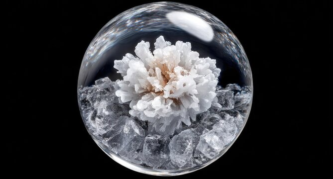 A sphere of clear glass, showcasing a delicate, light beige flower, encased within a crystal lattice of fine, fragmented ice