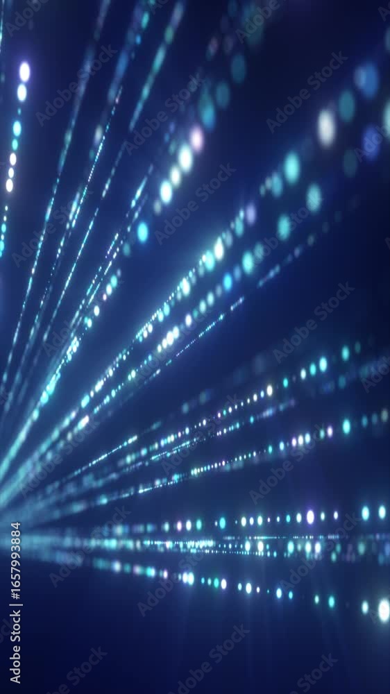 Poster glowing blue particle rays converging into a luminous futuristic digital perspective