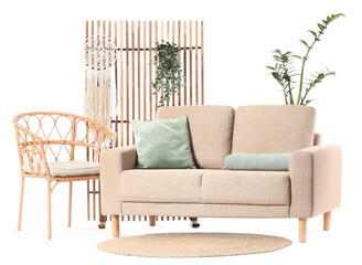Modern beige sofa, folding screen and chair isolated on white background