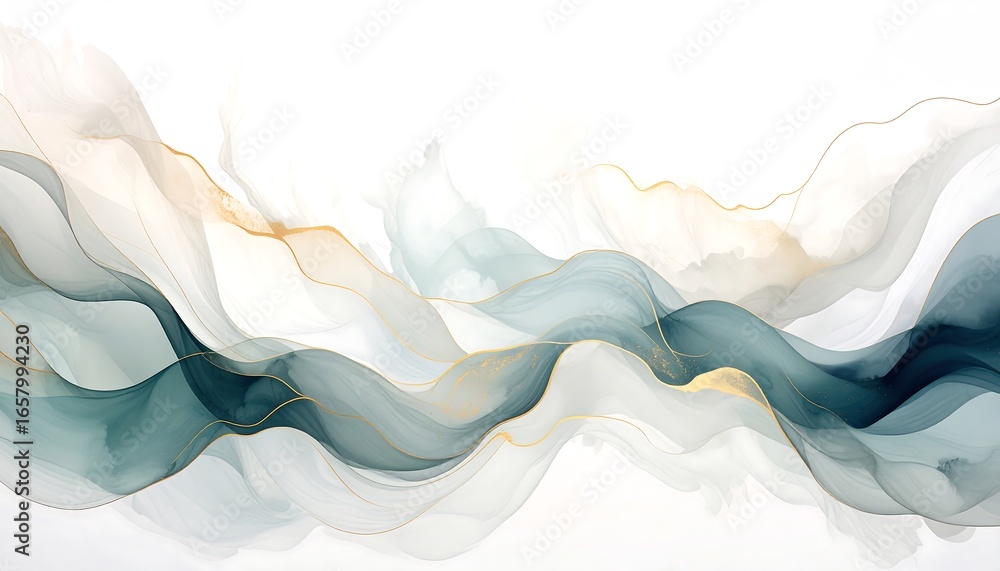 Poster abstract flowing shapes in soft grey-green and cream tones, outlined with golden lines, create a ser