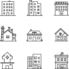 Urban Building Icon Set — Diverse Architectural Styles Representing Residential Homes, Industrial Facilities, Commercial Spaces, and Medical Centers in Minimalist Line Art