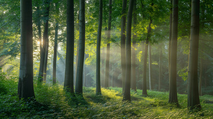 Fototapeta premium Sunlight streams through tall trees in a lush green forest