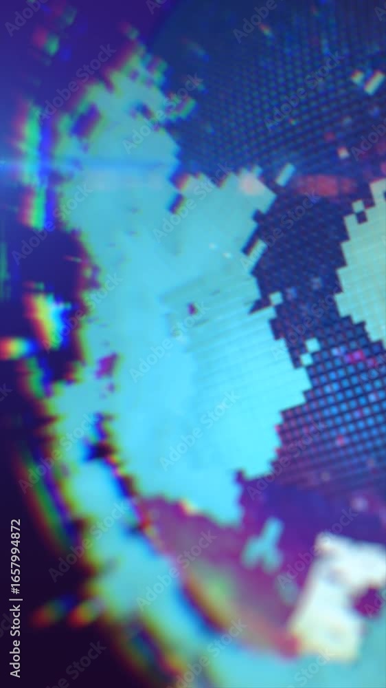 Poster pixelated digital map with glowing squares forming abstract global patterns in futuristic style