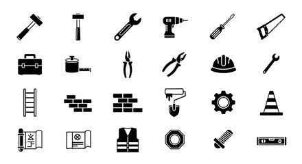 Collection of construction tools and safety equipment for building projects