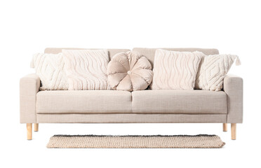 Modern beige sofa with cushions isolated on white background