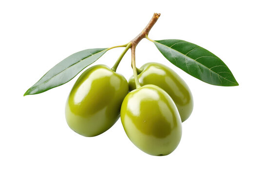 Green olives with leaves isolated on transparent background