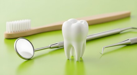 A close-up shot showcases dental tools and a tooth, promoting oral hygiene and professional dental care.