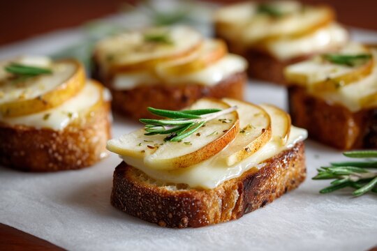 Deliciously baked bruscetta topped with fresh apple slices and herbs served on a wooden table for a cozy autumn gathering