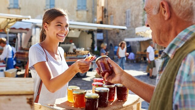 Une jeune femme achete des confitures artisanales sur un marche local