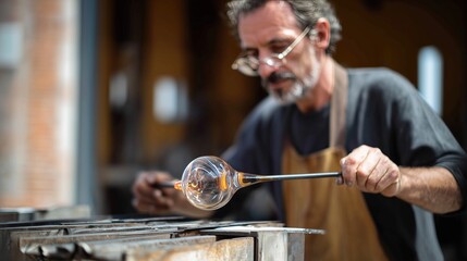 Artisan verrier faconnant du verre en fusion dans son atelier