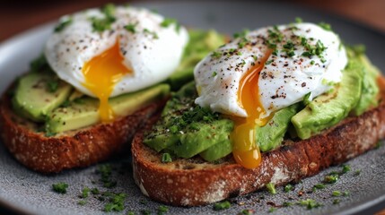 Delicious avocado toast topped with poached eggs served on a rustic plate at a cozy brunch setting