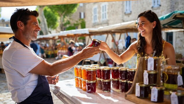 Un couple achete des confitures artisanales sur un marche provencal