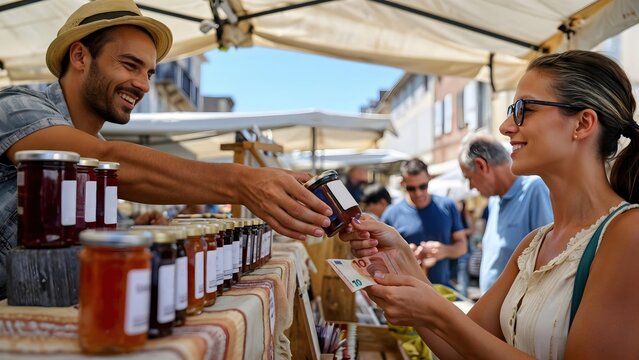 Vendeur souriant proposant de confiture a une cliente au marche local