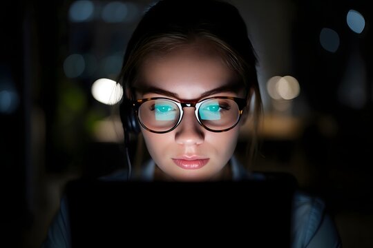 Woman working late night on laptop computer wearing glasses screen reflection dark office