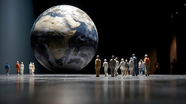 Groupe de personnes observant une immense planete Terre en levitation