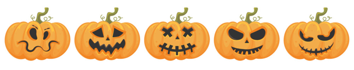 Halloween pumpkins carved jack o lantern faces with quirky smiles, frowns and stitched mouths, perfect spooky autumn vector decorations for seasonal Halloween party design and craft project printables