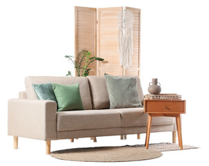 Modern beige sofa, folding screen and table isolated on white background