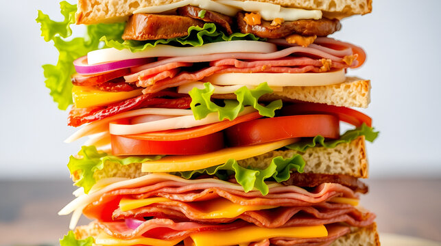 A towering and colorful sandwich filled with various meats, cheeses, lettuce, and vegetables, showcasing delicious layers.