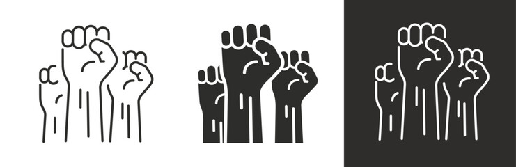flat and linear set icons, protest freedom, raised fists icon, feminism, simple symbols on white and black background - editable stroke vector illustration