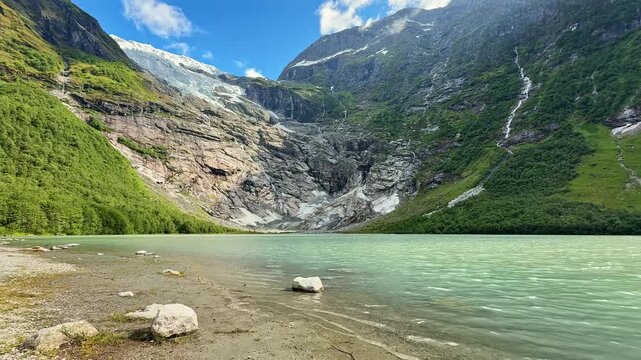 Scenic view of Boyabreen glacier and its lake in Jostedalsbreen National Park, Norway
