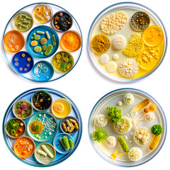 Set of colorful petri dishes with bacteria, fungi and microorganisms in various cultures, macro scientific collection